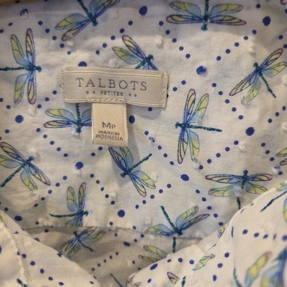 Talbots Dragon Fly Long Sleeve Button Shirt - Size Medium Petitie White Women - Picture 1 of 12